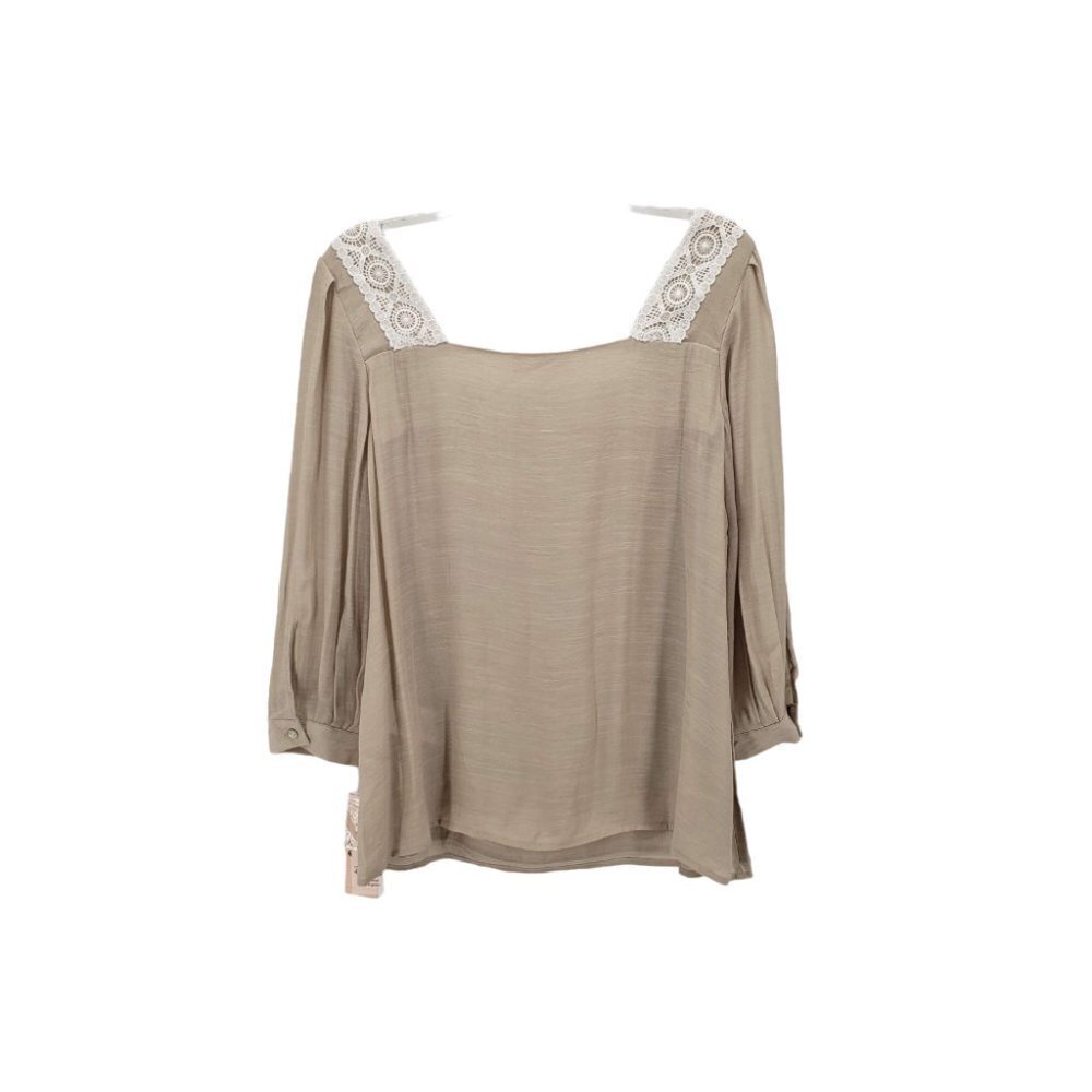 NANETTE LEPORE nwt Square Neck Crocheted Lace Top M Tan Light Stone Neutral Tone - Picture 2 of 10